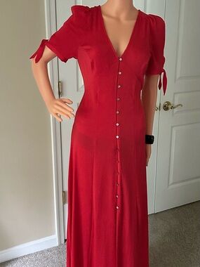 V-Neck Red Button-Front Maxi Dress with Tie Sleeves - Women